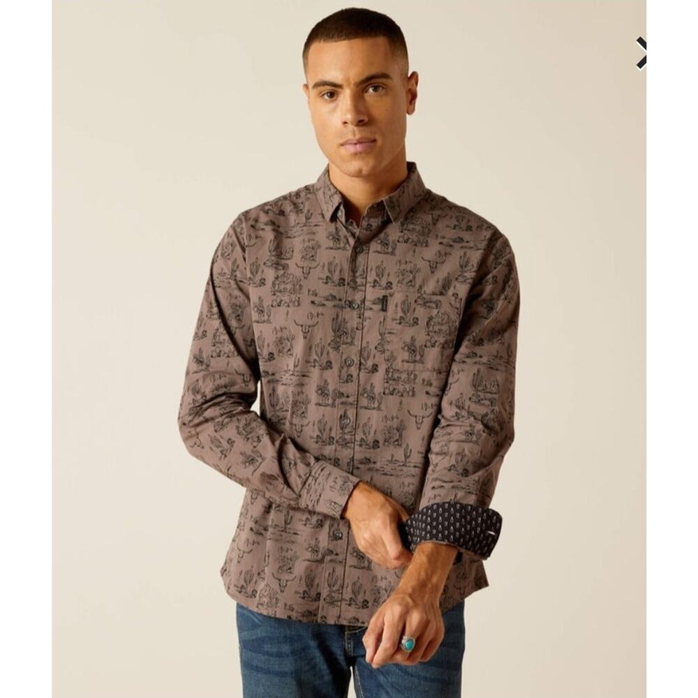 Ariat Matteo Modern Fit Mens Large Long Sleeve Button Down Shirt Cactus‎ Print
